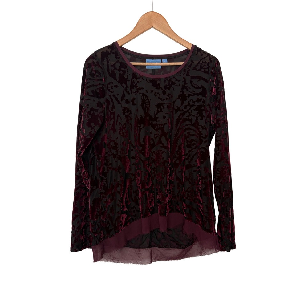 Simply Vera Whimsigoth Boho Burgundy Burnout Velvet Paisley Top Long Sleeve L